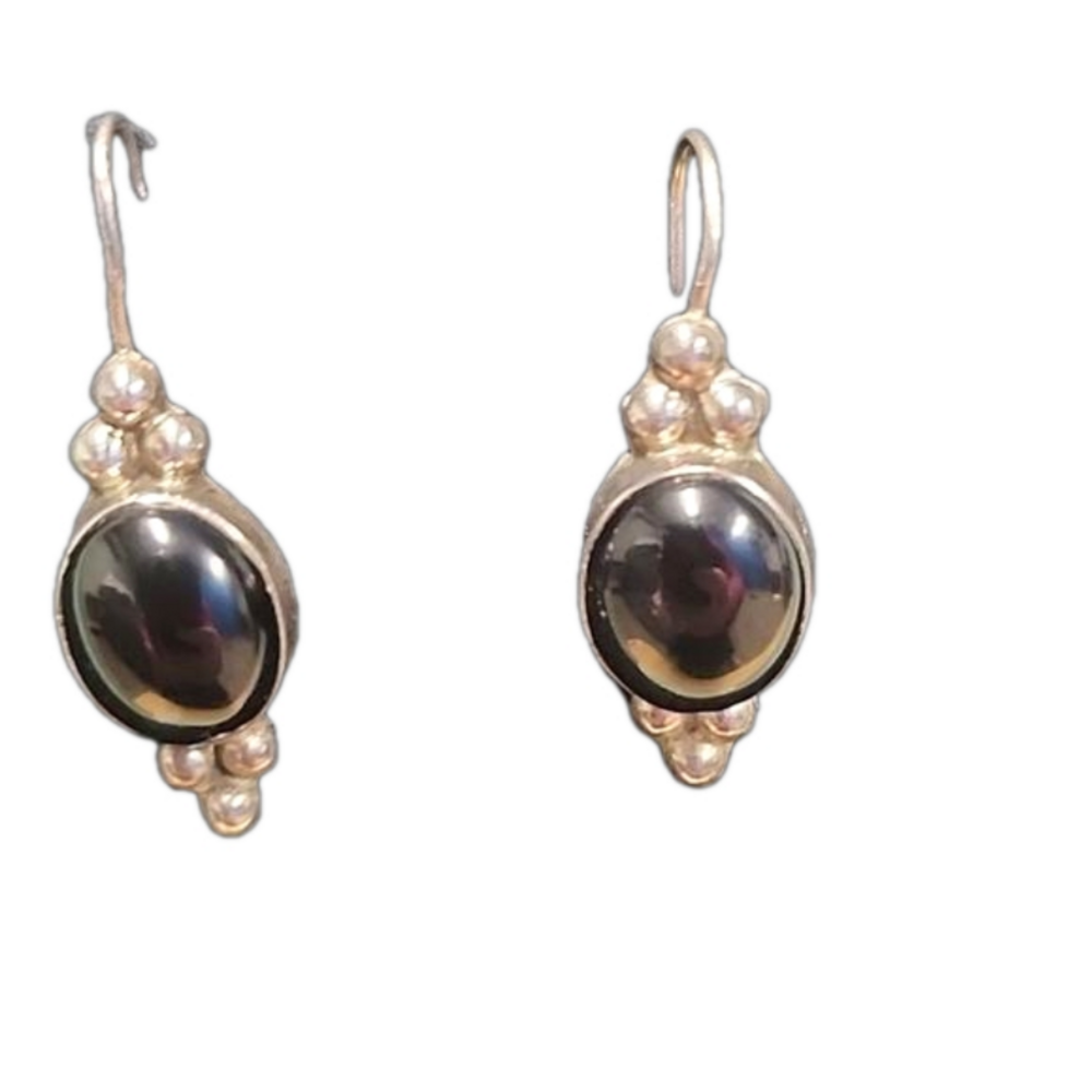 Vintage 860 Silver Black Onyx Cabochon Dangle Earrings European Sterling Drop